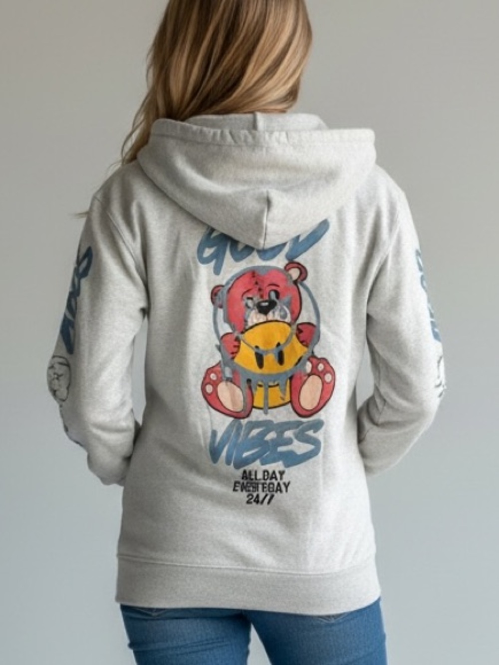 ON FIRE Gray Zip Front Hoodie Teddy Bear Good Vibes